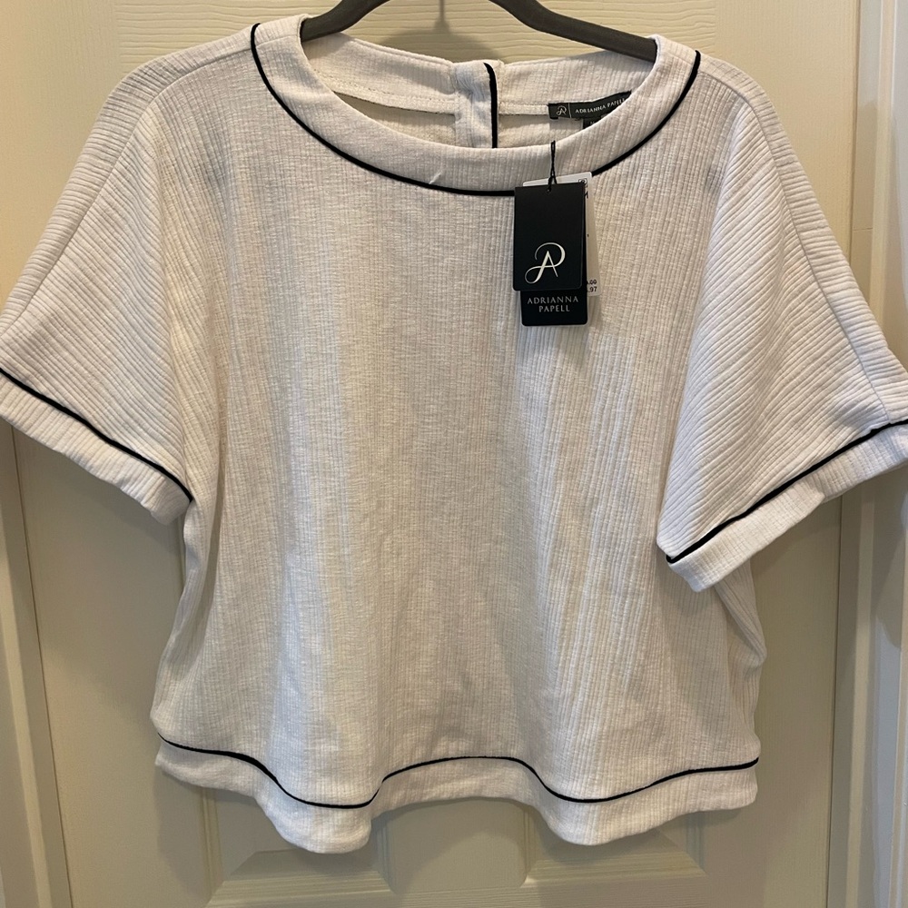 White Ribbed Women's Top with Black Trim Detail - Picture 3 of 4